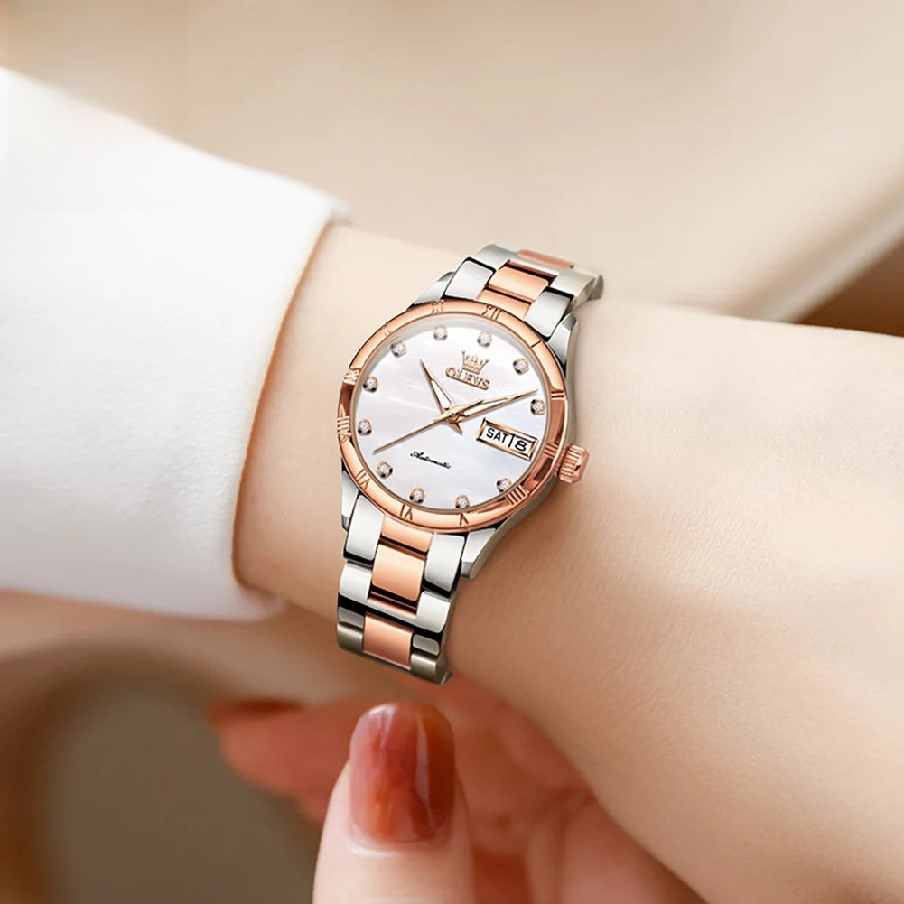 Women's Automatic Two Tone Stainless Steel Watch Pearl BandsCo Straps