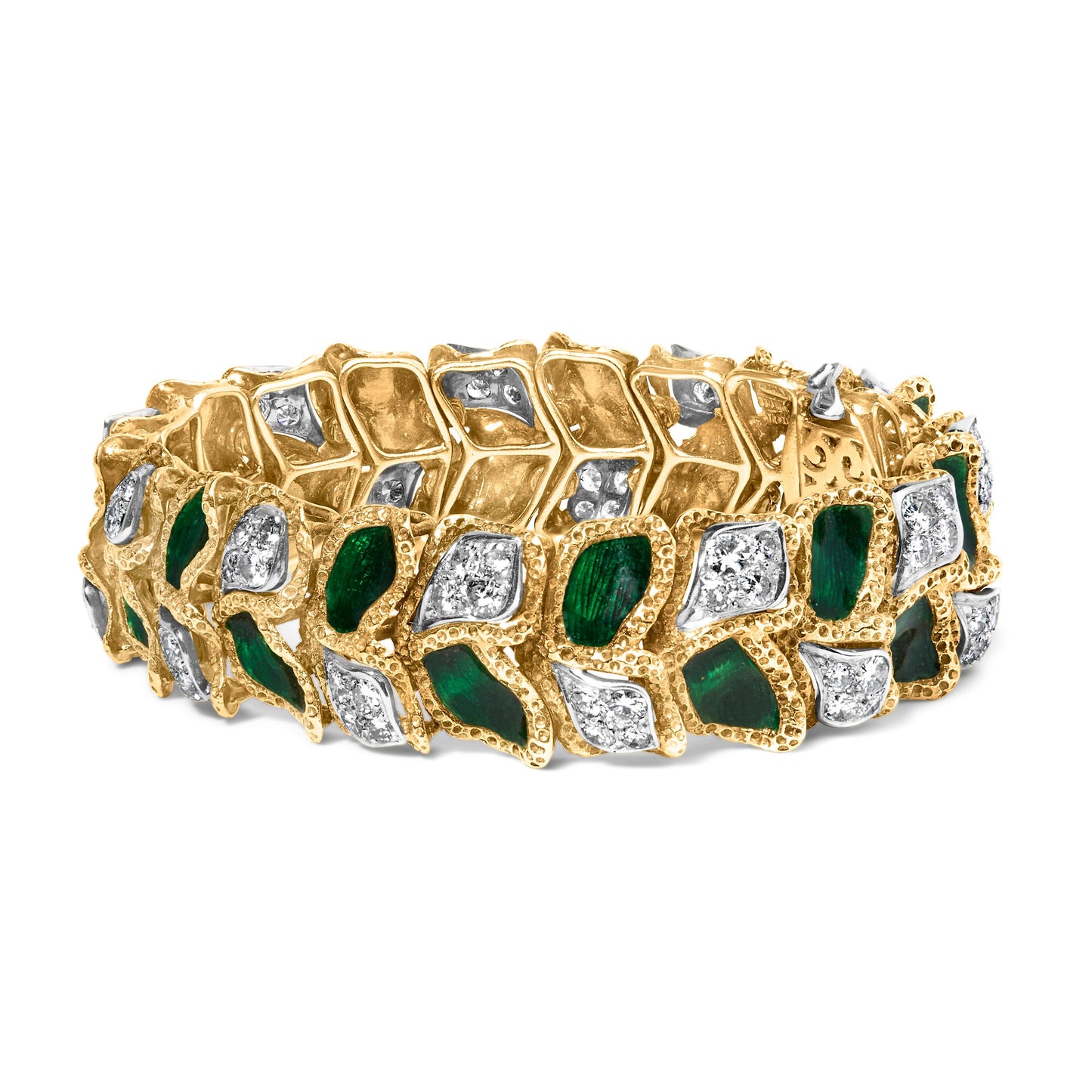 18K Yellow Gold 3 1/4 Cttw Diamond and Green Enamel Gold Textured Bracelet (G-H Color, VS1-VS2 Clarity) - 7" Inches Bids.com