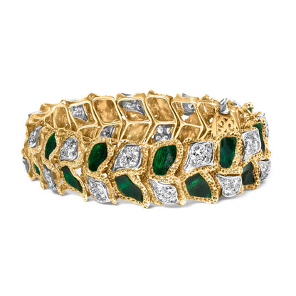 18K Yellow Gold 3 1/4 Cttw Diamond and Green Enamel Gold Textured Bracelet (G-H Color, VS1-VS2 Clarity) - 7" Inches Bids.com
