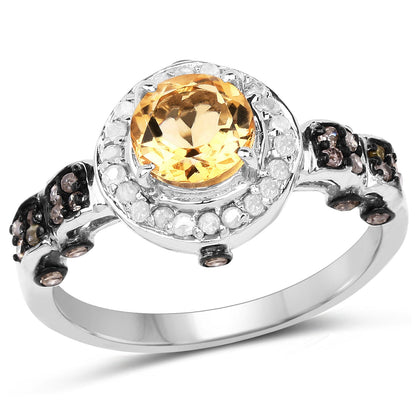 1.06 Carat Genuine Citrine, Champagne Diamond & White Diamond .925 Sterling Silver Ring Bids.com