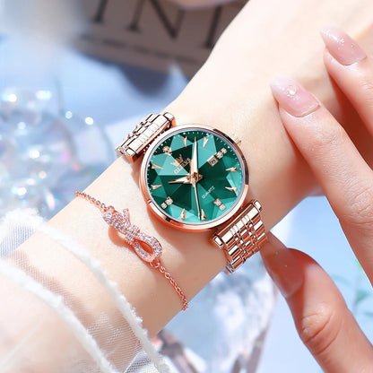 Women's Rose Gold Stainless Steel Watch Blue Dial Zircon BandsCo Straps