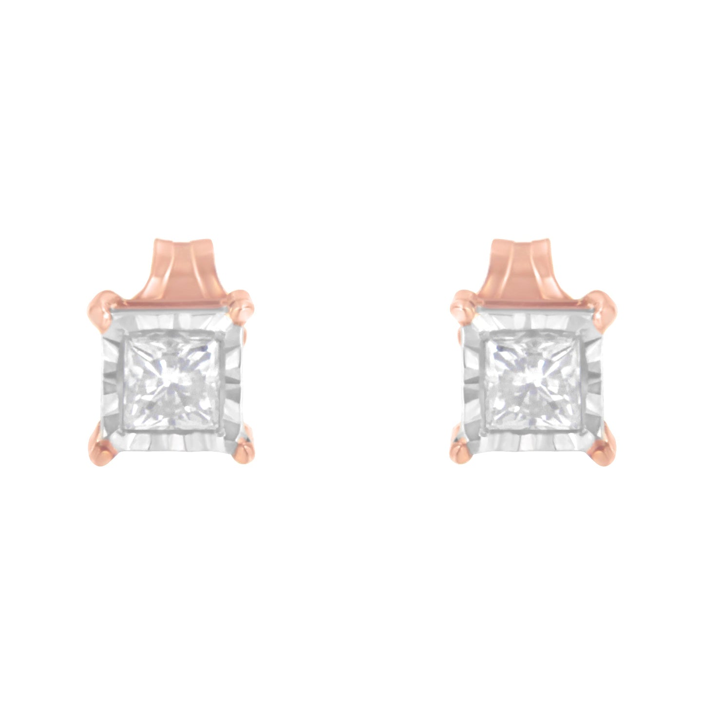 14K Rose Gold Plated Two-Tone .925 Sterling Silver 1/2 Cttw Princess-Cut Square Near Colorless Diamond Solitaire Miracle-Plate Stud Earrings (J-K Color, I2-I3 Clarity) Bids.com