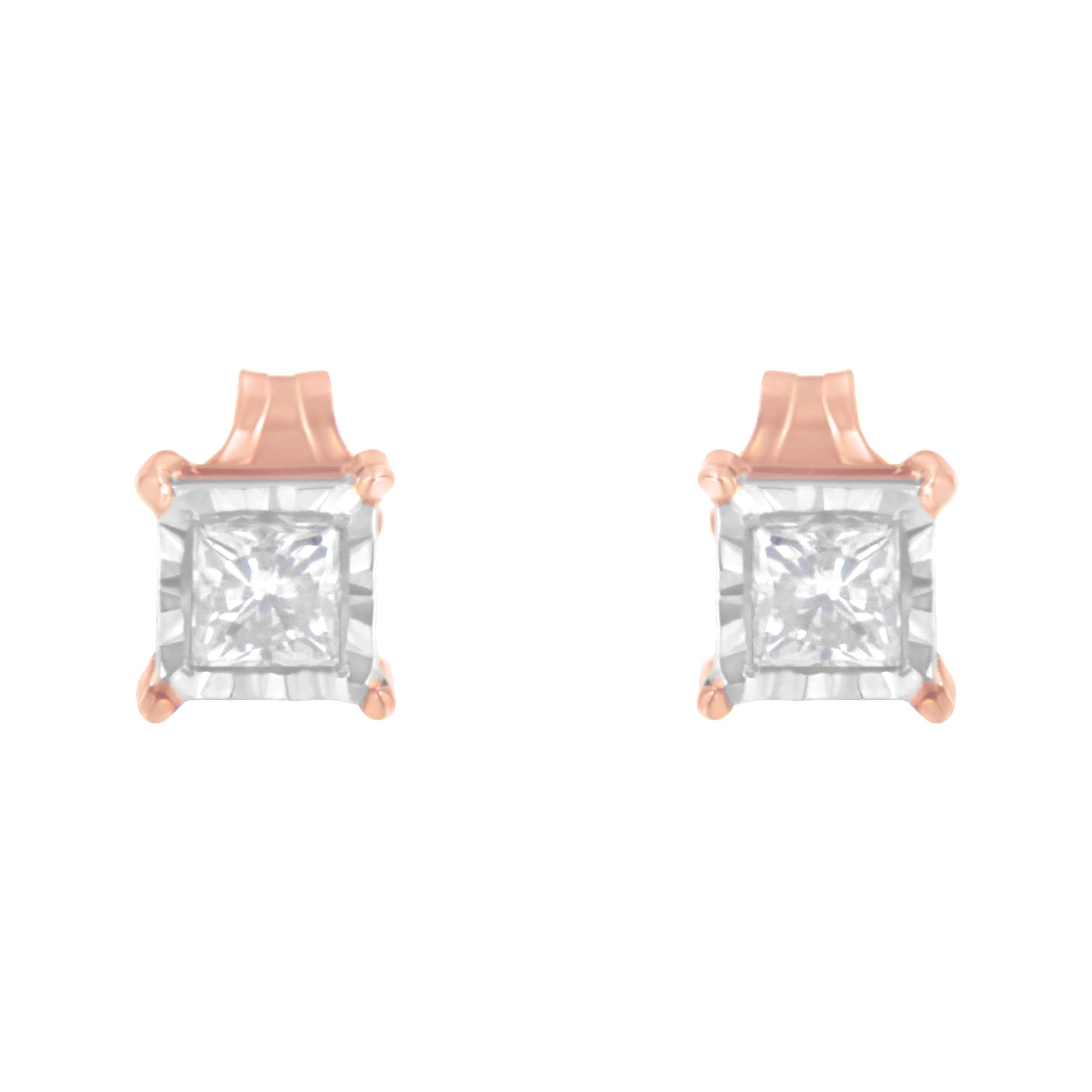 14K Rose Gold Plated Two-Tone .925 Sterling Silver 1/2 Cttw Princess-Cut Square Near Colorless Diamond Solitaire Miracle-Plate Stud Earrings (J-K Color, I2-I3 Clarity) Bids.com
