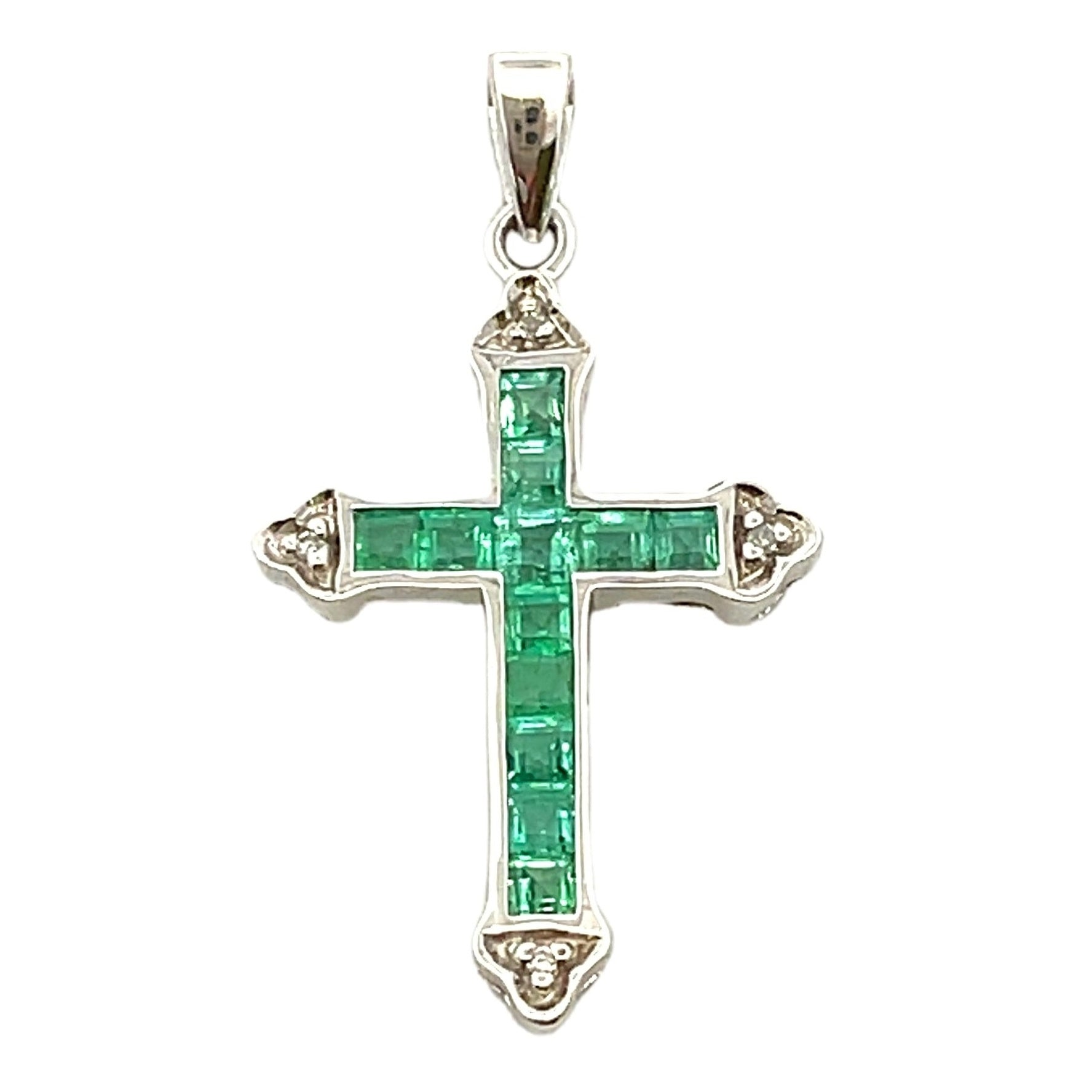 Emerald Diamond Cross Religious Pendant 10KT White Gold Bids.com