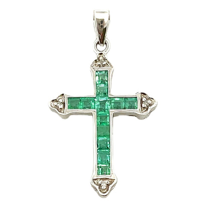 Emerald Diamond Cross Religious Pendant 10KT White Gold Bids.com