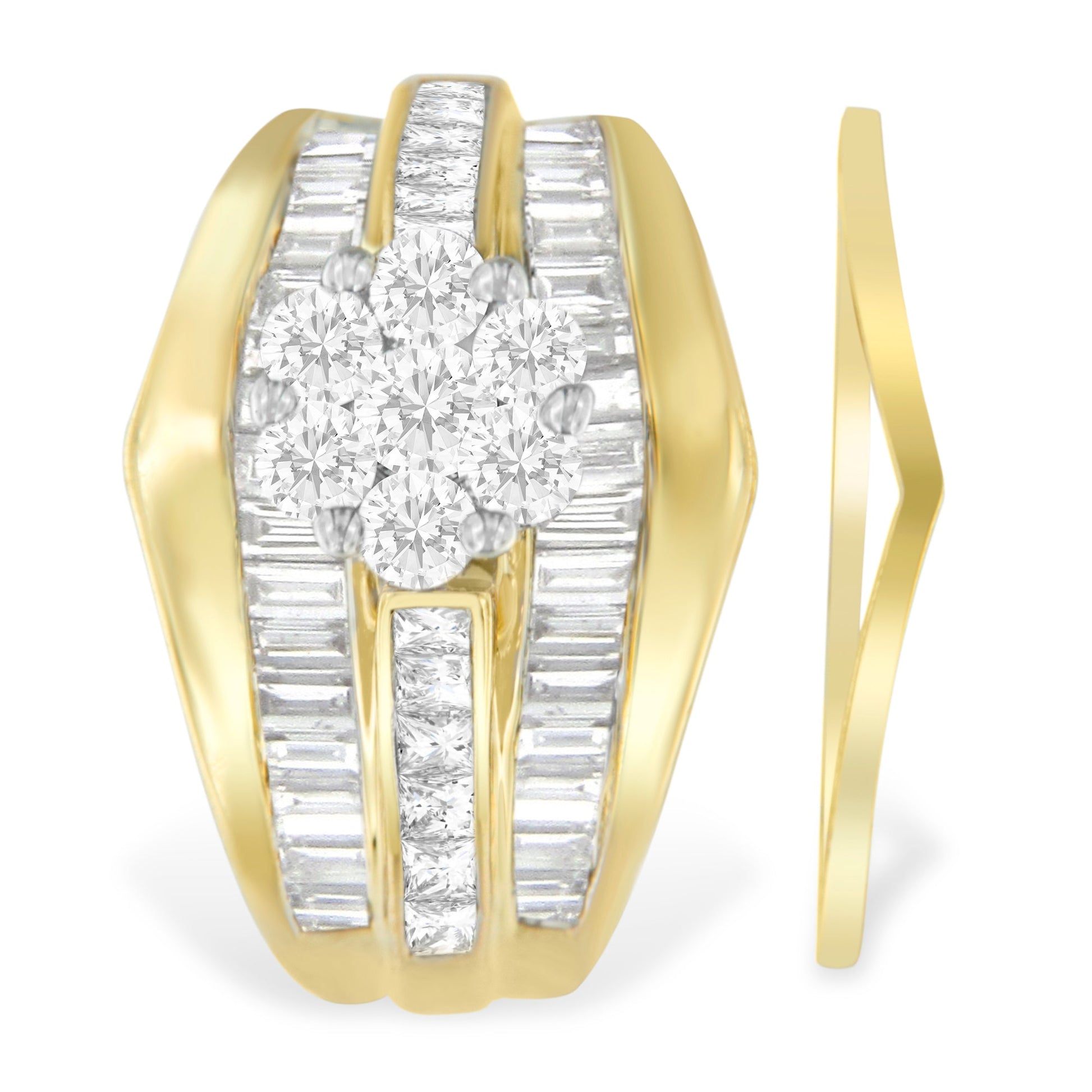14K Yellow Gold 2-1/3 Cttw Diamond Cluster Channel Set Chevron Shaped Band Engagement Ring & Wedding Band Set (H-I Color, SI1-SI2 Clarity)- Size 5 Bids.com