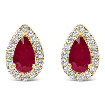 10K Yellow Gold 5X3 MM Pear-Cut Ruby and 1/7 Cttw Diamond Halo Stud Earrings (I-J Color, I1-I2 Clarity) Bids.com