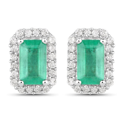 0.91 Carat Genuine Zambian Emerald and White Diamond 14K White Gold Earrings Bids.com
