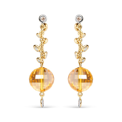 18K Yellow Gold 2/3 Cttw Round Bezel Diamond and 25mm Ball Shaped Yellow Citrine Gemstone Dangle Stud Earring (Brown and G-H Color, SI1-SI2 Clarity) Bids.com