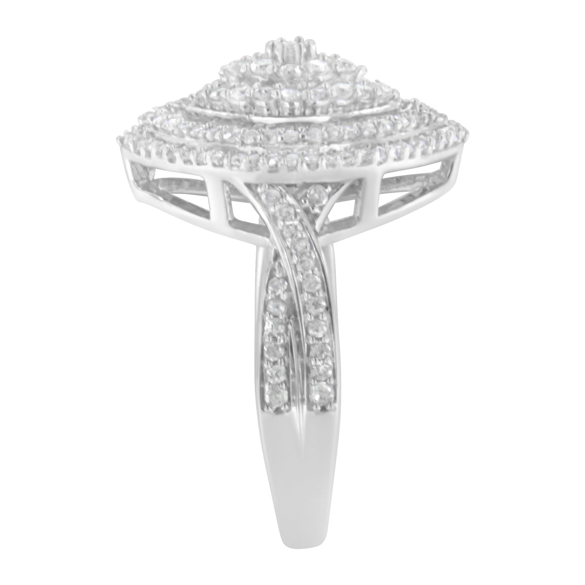 .925 Sterling Silver 1.0 Cttw Round & Baguette-Cut Diamond Marquise-Shaped Cluster Triple Stepped Halo Cocktail Fashion Ring (I-J Color, I2-I3 Clarity) - Size 7 Bids.com