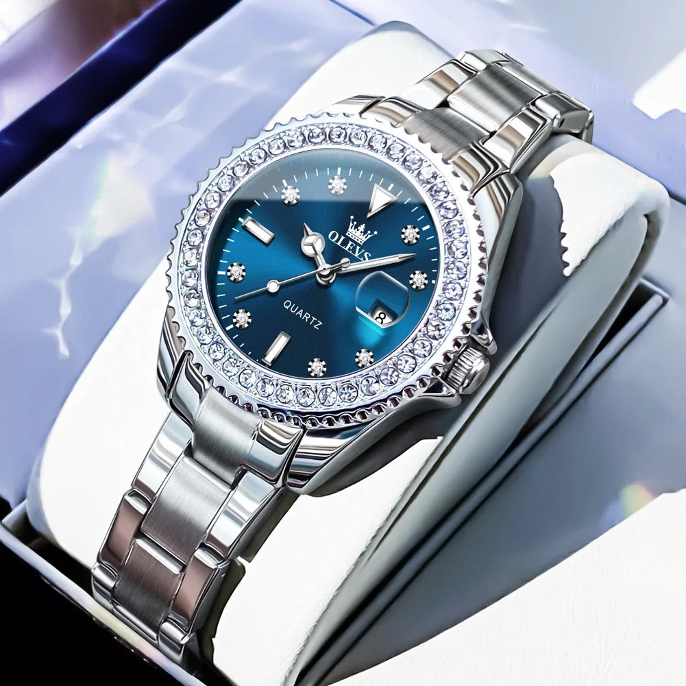 Women's Sunray Dial Zircon Bezel Steel Quartz Watch BandsCo Straps