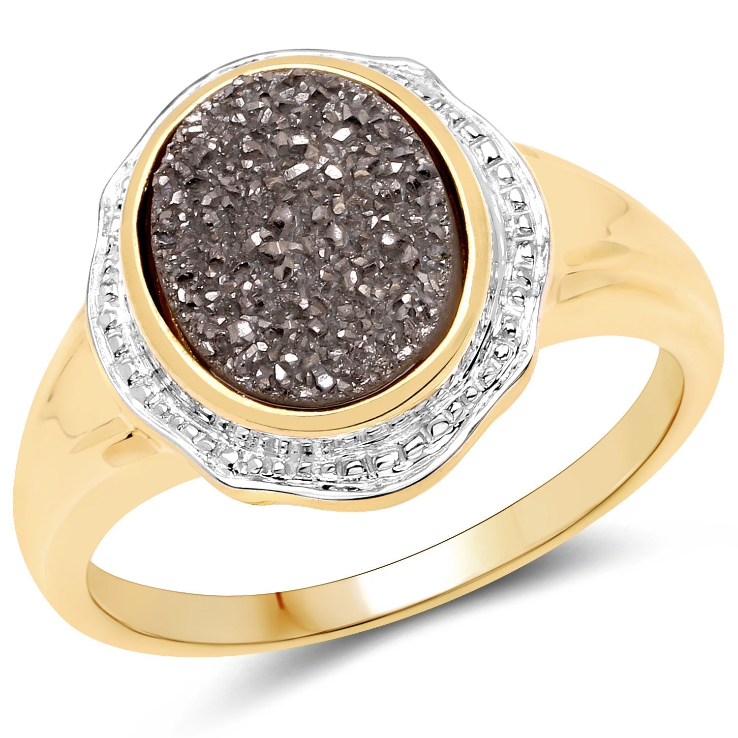 14K Yellow Gold Plated 4.50 Carat Genuine Drusy Quartz .925 Sterling Silver Ring Bids.com