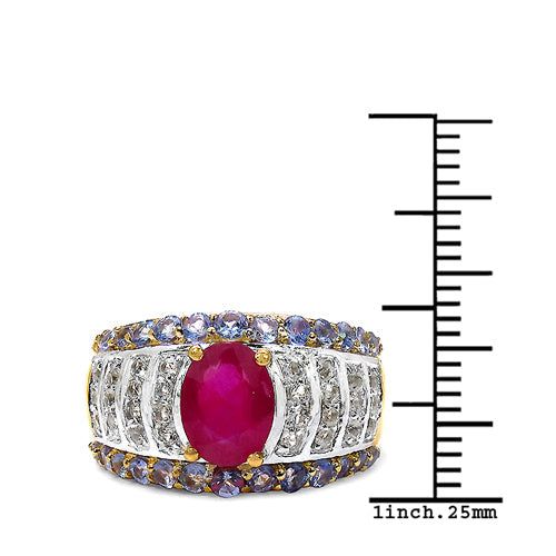 14K Yellow Gold Plated 3.02 Carat Genuine Ruby, Tanzanite & White Topaz .925 Sterling Silver Ring Bids.com
