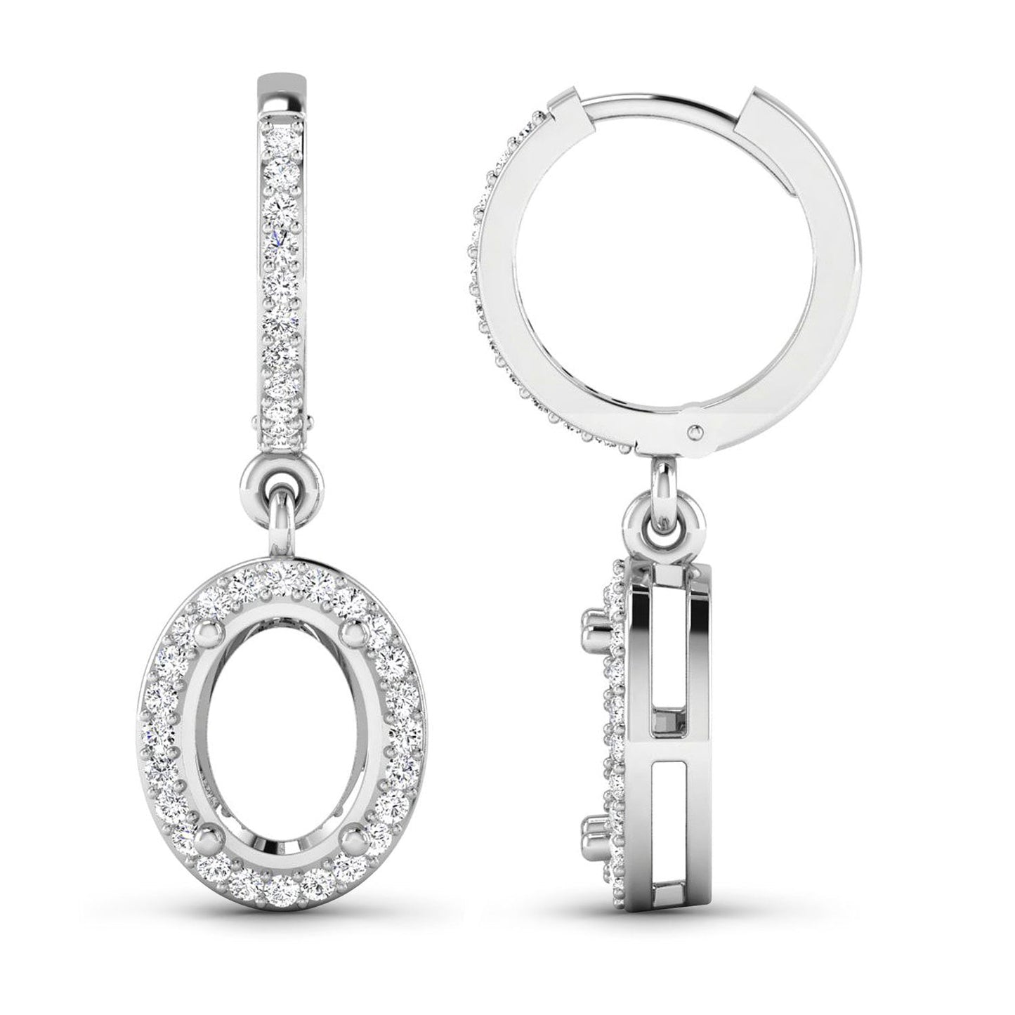 0.32 Carat Genuine White Diamond 14K White Gold Semi Mount Earrings - holds 8x6mm Oval Gemstones Bids.com