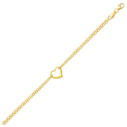 14k Yellow Gold Double Rolo Chain Anklet with an Open Heart Station Bids.com