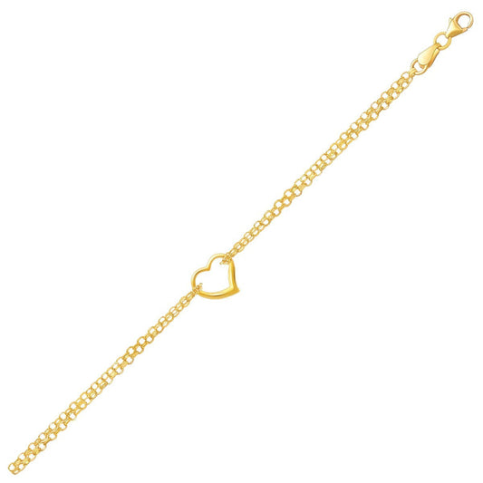 14k Yellow Gold Double Rolo Chain Anklet with an Open Heart Station Bids.com