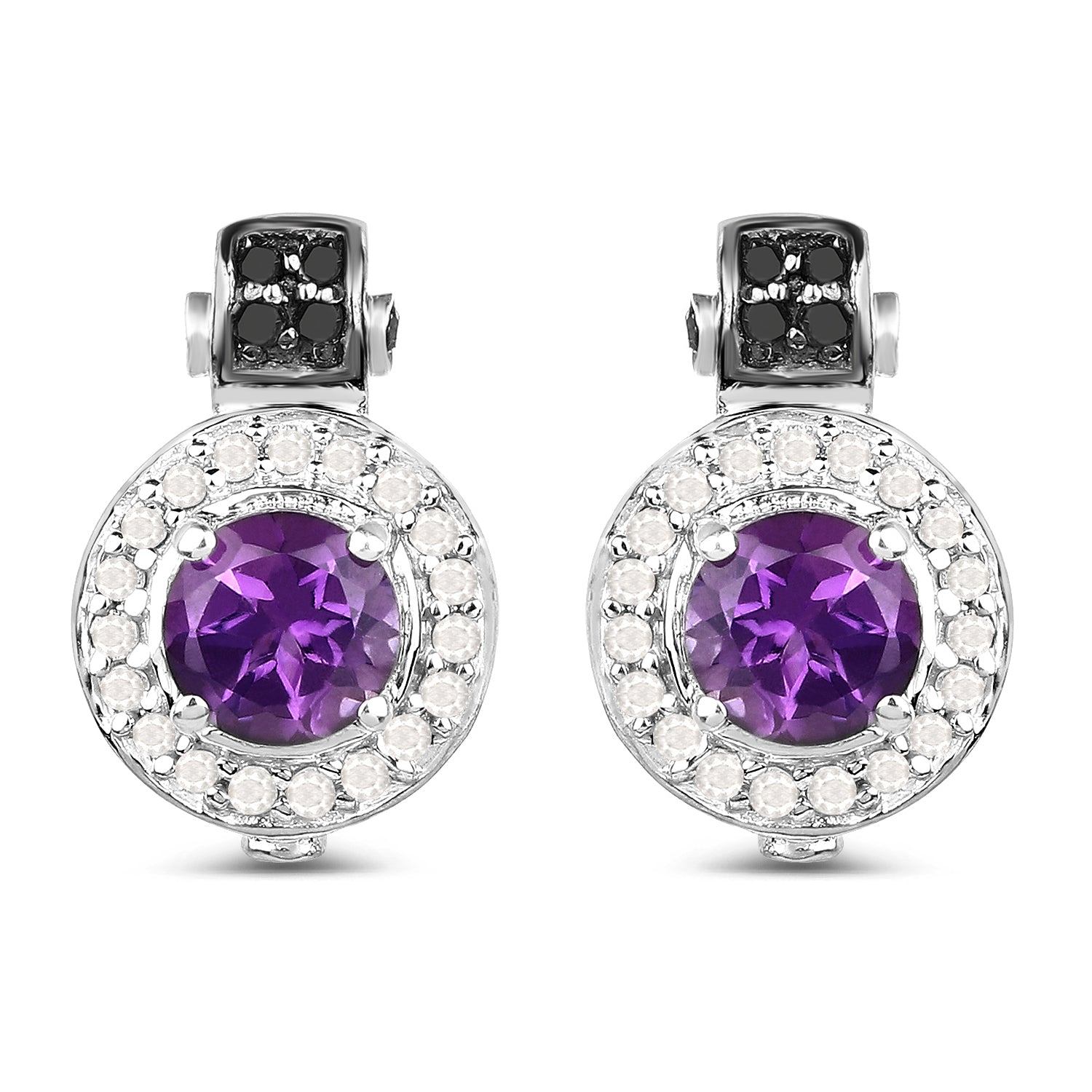 2.29 Carat Genuine Amethyst, Black Diamond and White Diamond .925 Sterling Silver Earrings Bids.com