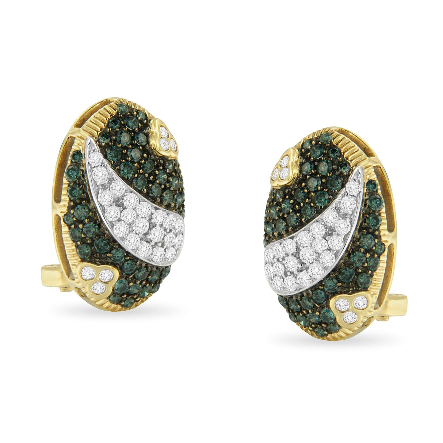 Black and White Rhodium over 14K Yellow Gold 2-1/10 Cttw White and Blue Diamond Oval Omega Back Stud Earrings (H-I and Blue Color, SI1-SI2 Clarity) Bids.com