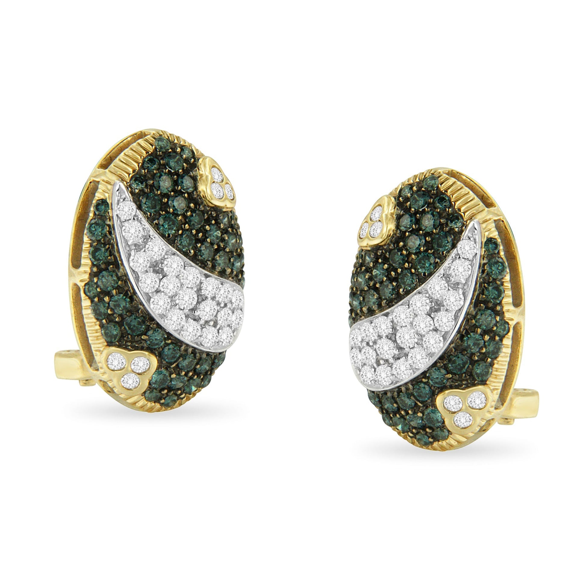 Black and White Rhodium over 14K Yellow Gold 2-1/10 Cttw White and Blue Diamond Oval Omega Back Stud Earrings (H-I and Blue Color, SI1-SI2 Clarity) Bids.com