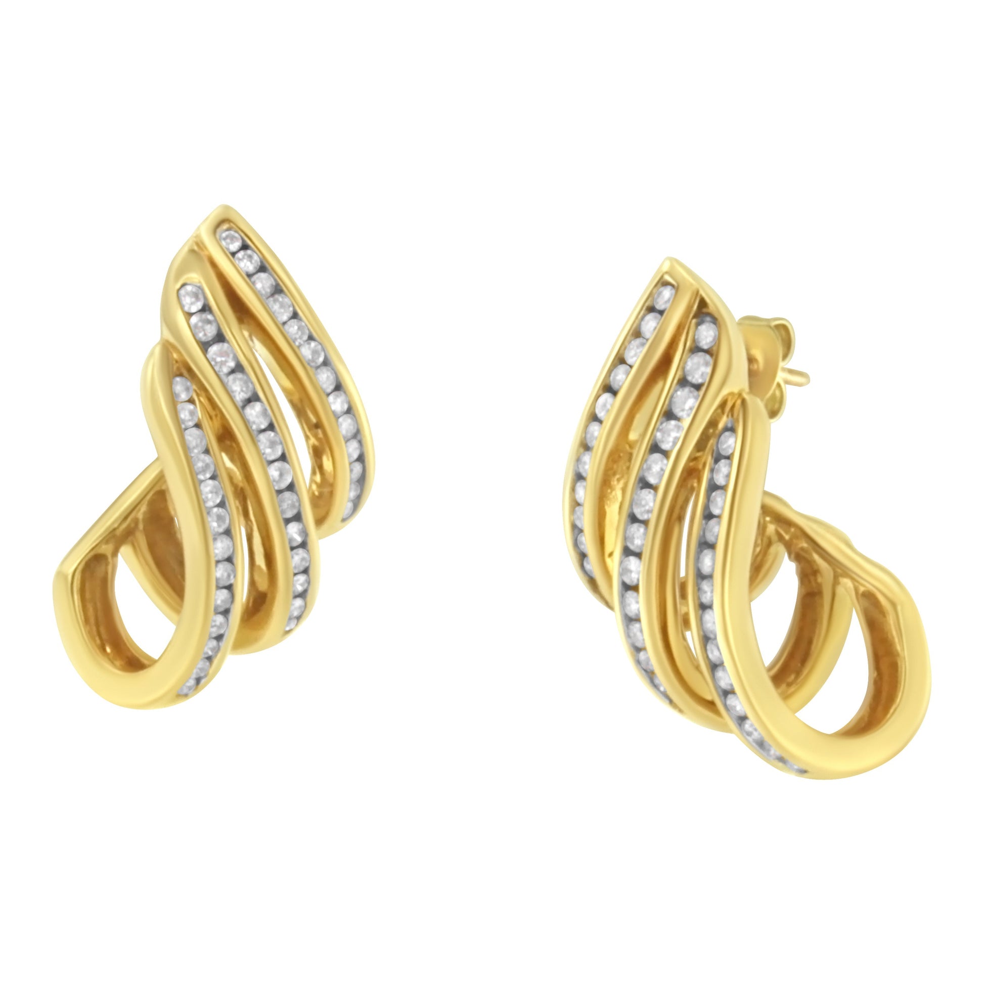 10K Yellow Gold 1.0 Cttw Round Brilliant Cut Diamond Spiral Multi Row Channel Set Open Hoop Pushback Stud Earrings (H-I Color, I1-I2 Clarity) Bids.com