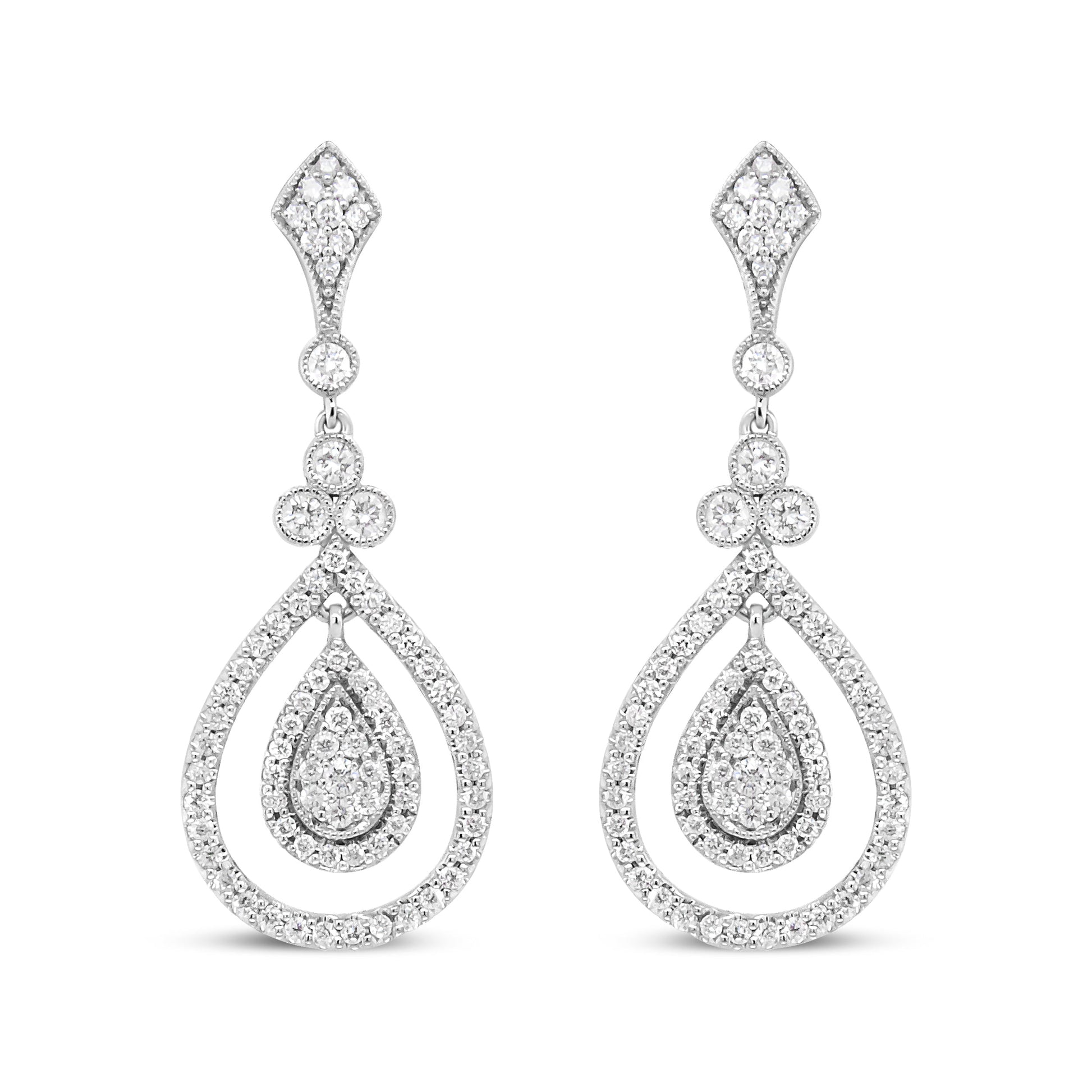 18K White Gold 1 1/4 Cttw Round Diamond Openwork Teardrop-Shaped Dangle Earrings (F-G Color, VS1-VS2 Clarity) Bids.com