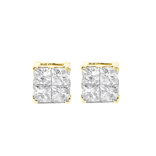 10K Yellow Gold Plated .925 Sterling Silver 1.0 Cttw Princess-Cut Diamond Composite Multi Stone Stud Earrings (J-K Color, SI2-I1 Clarity) Bids.com