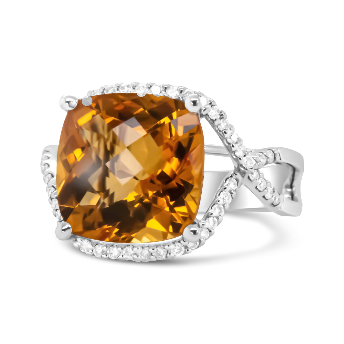 14K White Gold 12mm Cushion Cut Yellow Citrine Gemstone and 1/3 Cttw Round Pave-Set Diamond Ring - (H-I Color, VS1-VS2 Clarity)- Size 6.5 Bids.com