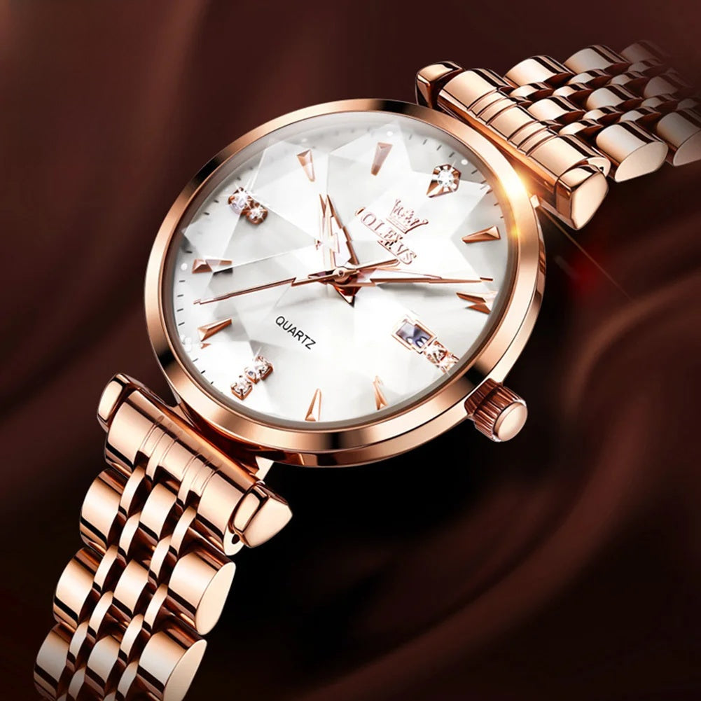 Women's Rose Gold Stainless Steel Watch Blue Dial Zircon BandsCo Straps