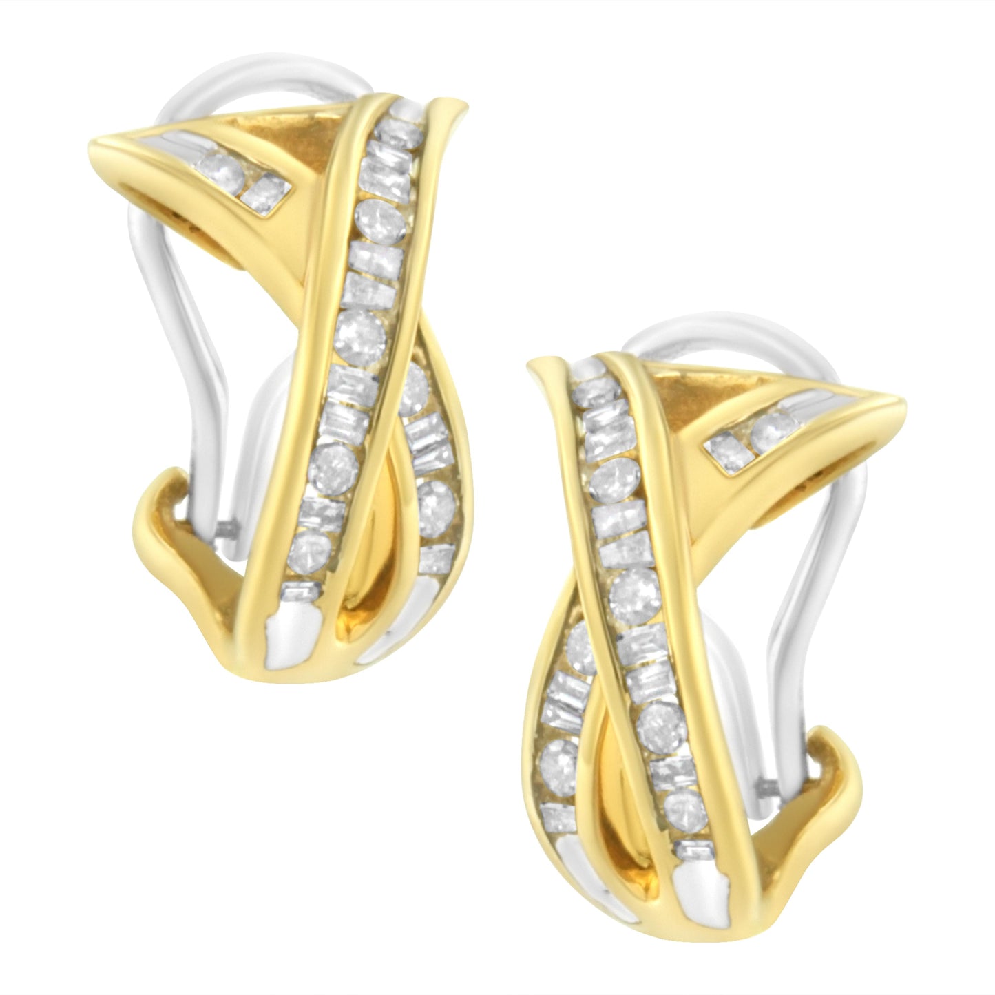 14K Yellow and White Gold 1/2 TDW "X" Shape Cross Over Diamond Hoop Earrings (I-J, I2-I3) Bids.com