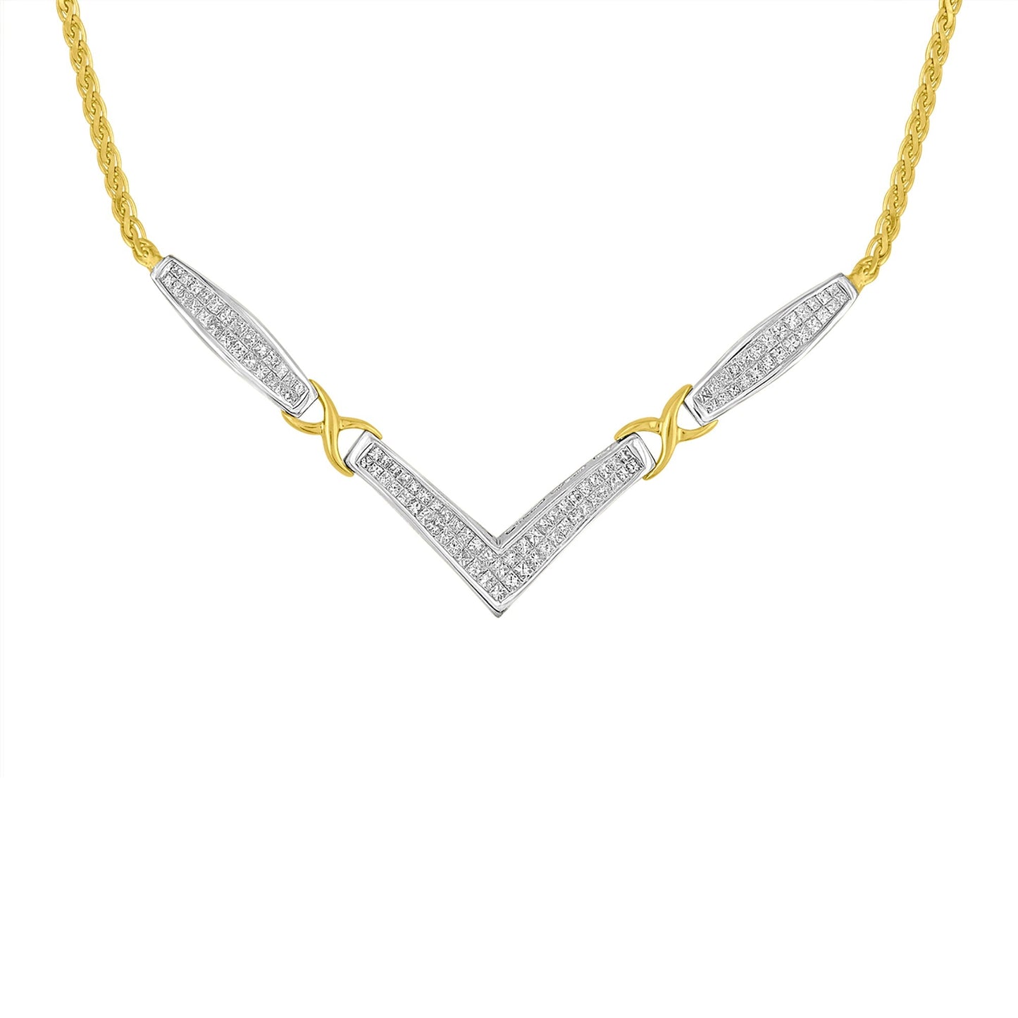 14K Yellow and White Gold 2.0 Cttw Princess Cut Diamond Flared and X-Station V Shaped 18â€ Franco Chain Statement Necklace (H-I Color, SI2-I1 Clarity) Bids.com