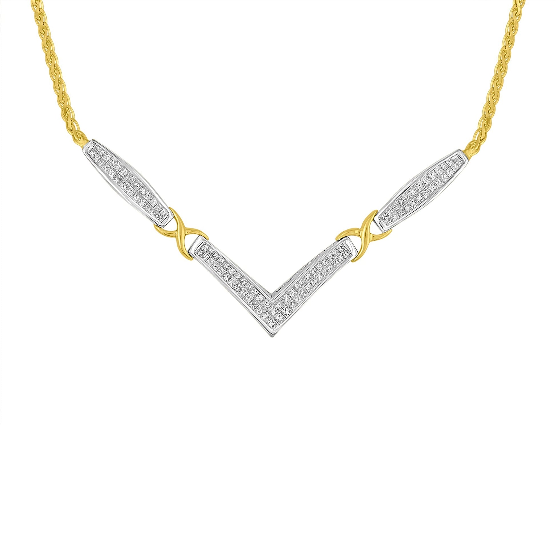 14K Yellow and White Gold 2.0 Cttw Princess Cut Diamond Flared and X-Station V Shaped 18â€ Franco Chain Statement Necklace (H-I Color, SI2-I1 Clarity) Bids.com