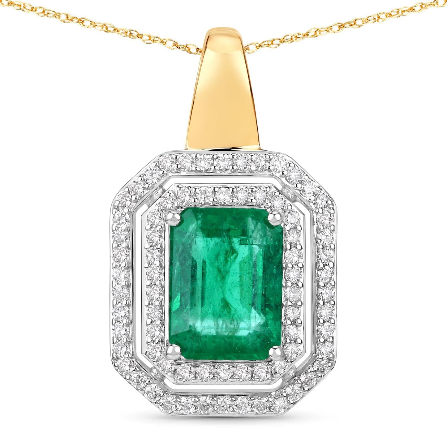 IGI Certified 2.37 Carat Genuine Zambian Emerald and White Diamond 14K Yellow & White Gold Pendant Bids.com