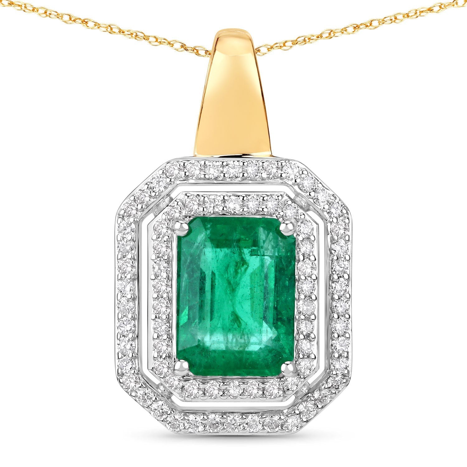 IGI Certified 2.37 Carat Genuine Zambian Emerald and White Diamond 14K Yellow & White Gold Pendant Bids.com