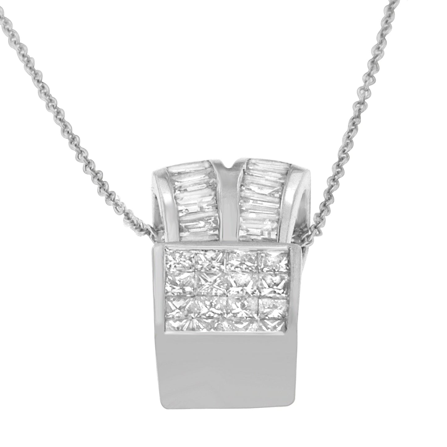 14K White Gold 1 5/8 cttw Princess and Baguette Cut Diamond Heart Ribbon Pendant Necklace (G-H, VS1-VS2) Bids.com