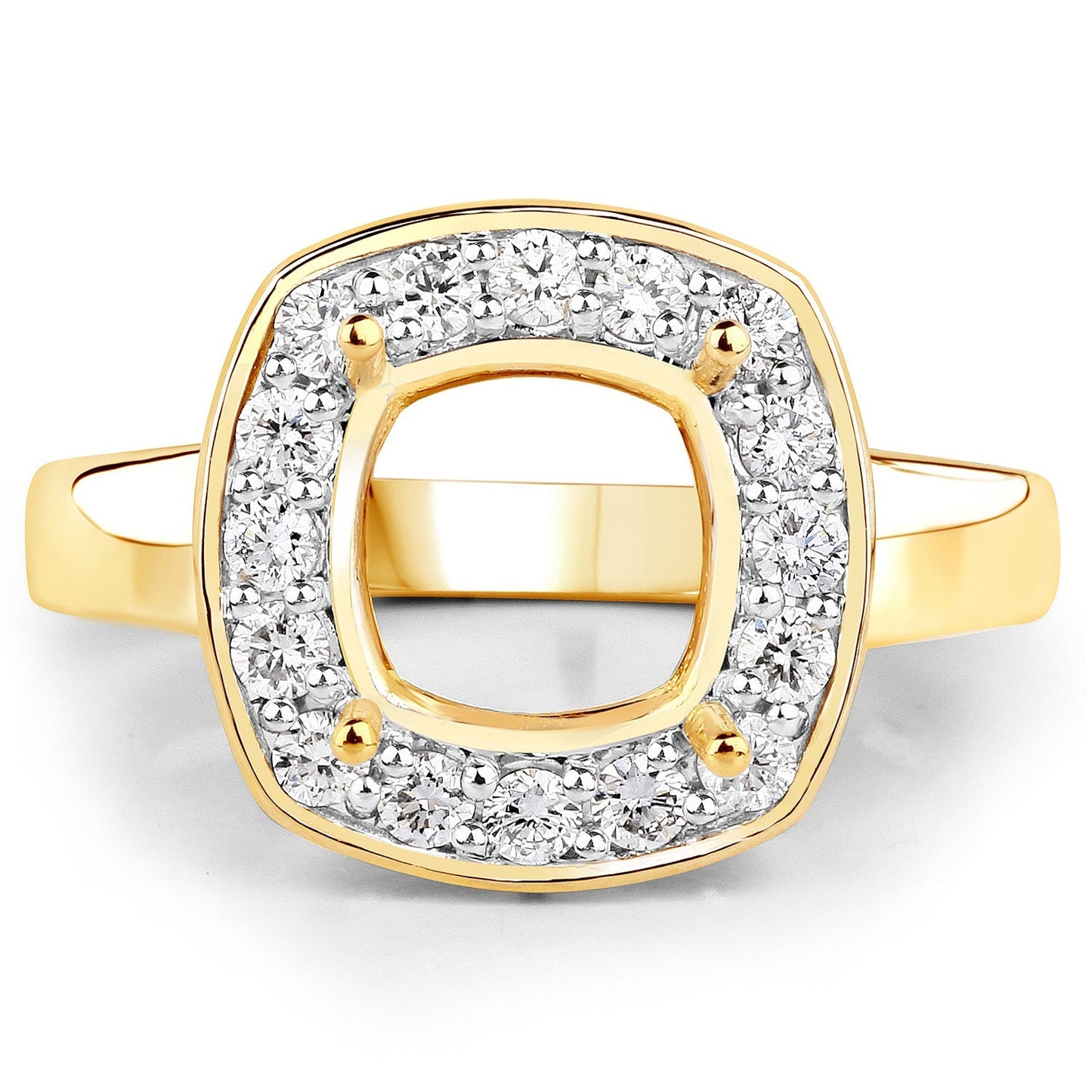 0.48 Carat Genuine White Diamond 14K Yellow Gold Semi Mount Ring - holds 8x8mm Cushion Gemstone Bids.com