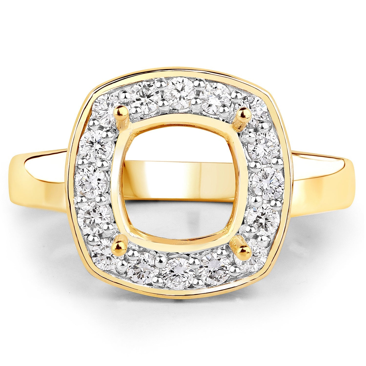 0.48 Carat Genuine White Diamond 14K Yellow Gold Semi Mount Ring - holds 8x8mm Cushion Gemstone Bids.com