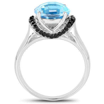 4.94 Carat Genuine Baby Swiss Blue Topaz and Black Diamond .925 Sterling Silver Ring Bids.com