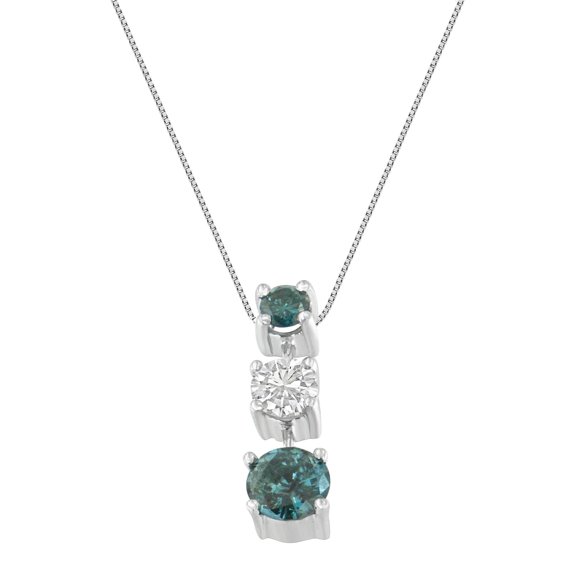 14K White Gold 1 1/2 Cttw Treated Blue and White Diamond 3-Stone 18" Pendant Necklace (Blue/H-I Color, I1-I2 Clarity) Bids.com