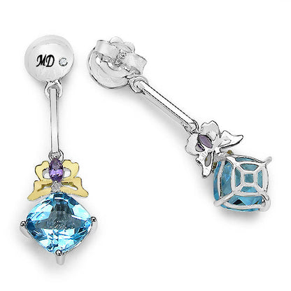 5.55 Carat Genuine Blue Topaz, Amethyst & White Diamond .925 Sterling Silver Earrings Bids.com