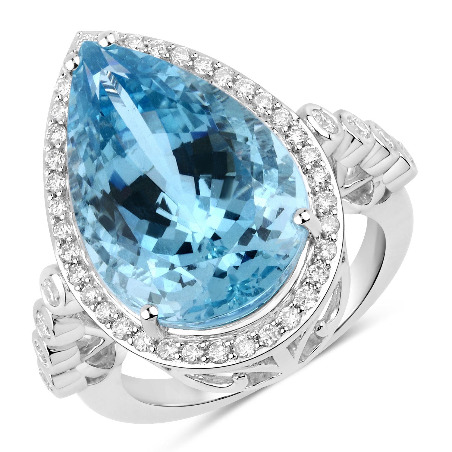 13.42 Carat Genuine Aquamarine and White Diamond 14K White Gold Ring Bids.com