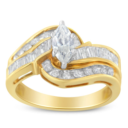 14KT Two-Toned Gold Marquise, Baguette and Round Cut Diamond Bypass Ring (1 cttw, H-I Color, SI1-SI2 Clarity) (Size 7) Bids.com