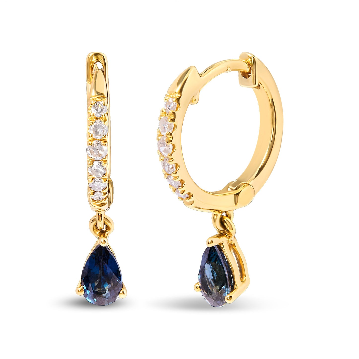 10K Yellow Gold Pear Blue Sapphire and 1/10 Cttw Diamond Drop and Dangle Huggy Hoop Earrings (H-I Color, I1-I2 Clarity) Bids.com