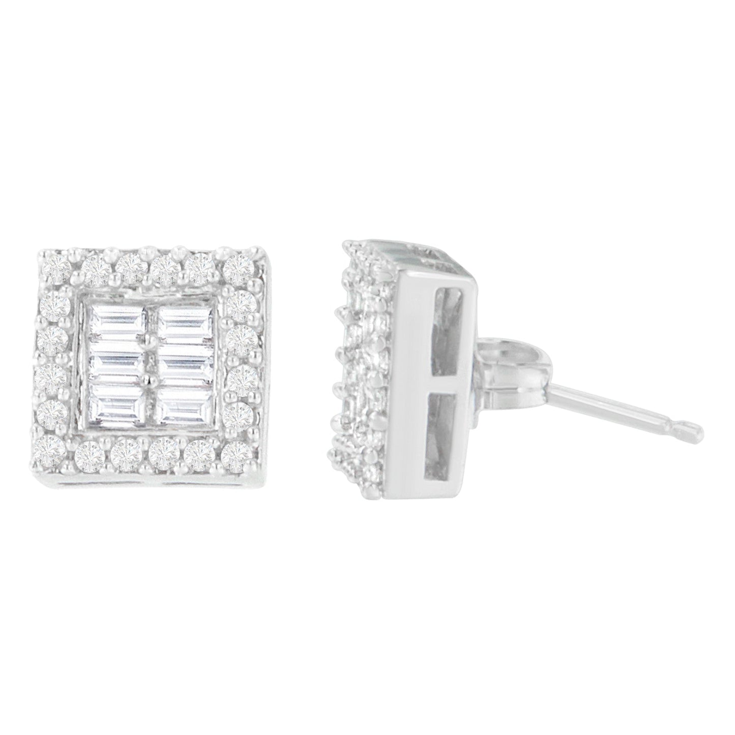 14K White Gold 1 cttw Round and Baguette Diamond Stud Earrings (H-I, SI1-SI2) Bids.com