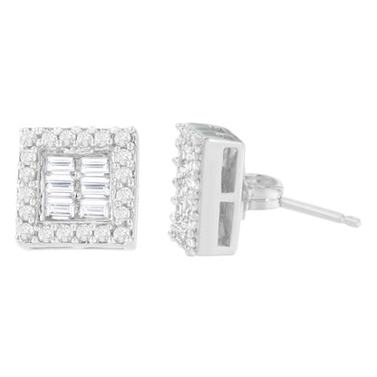 14K White Gold 1 cttw Round and Baguette Diamond Stud Earrings (H-I, SI1-SI2) Bids.com