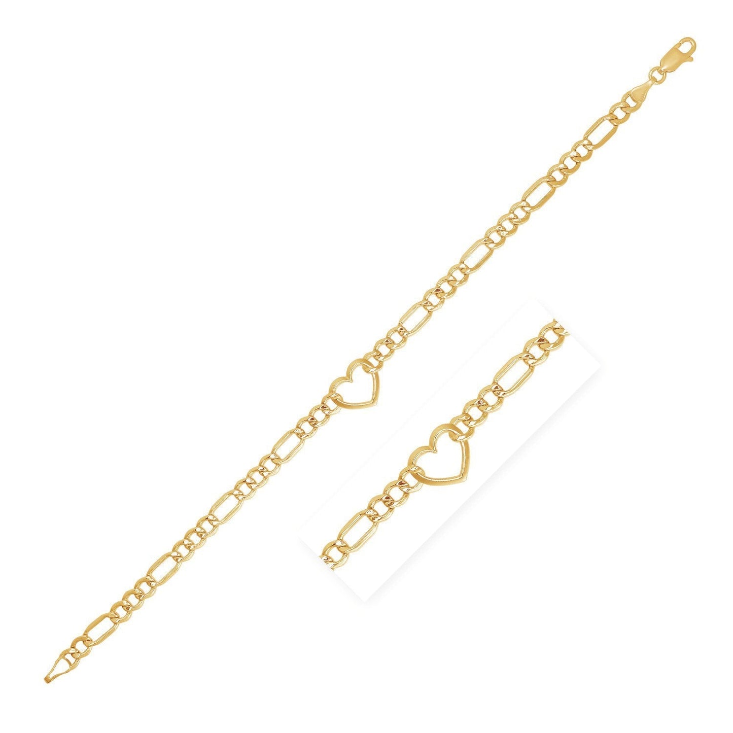 14k Yellow Gold 7 inch Figaro Chain Bracelet with Heart Bids.com