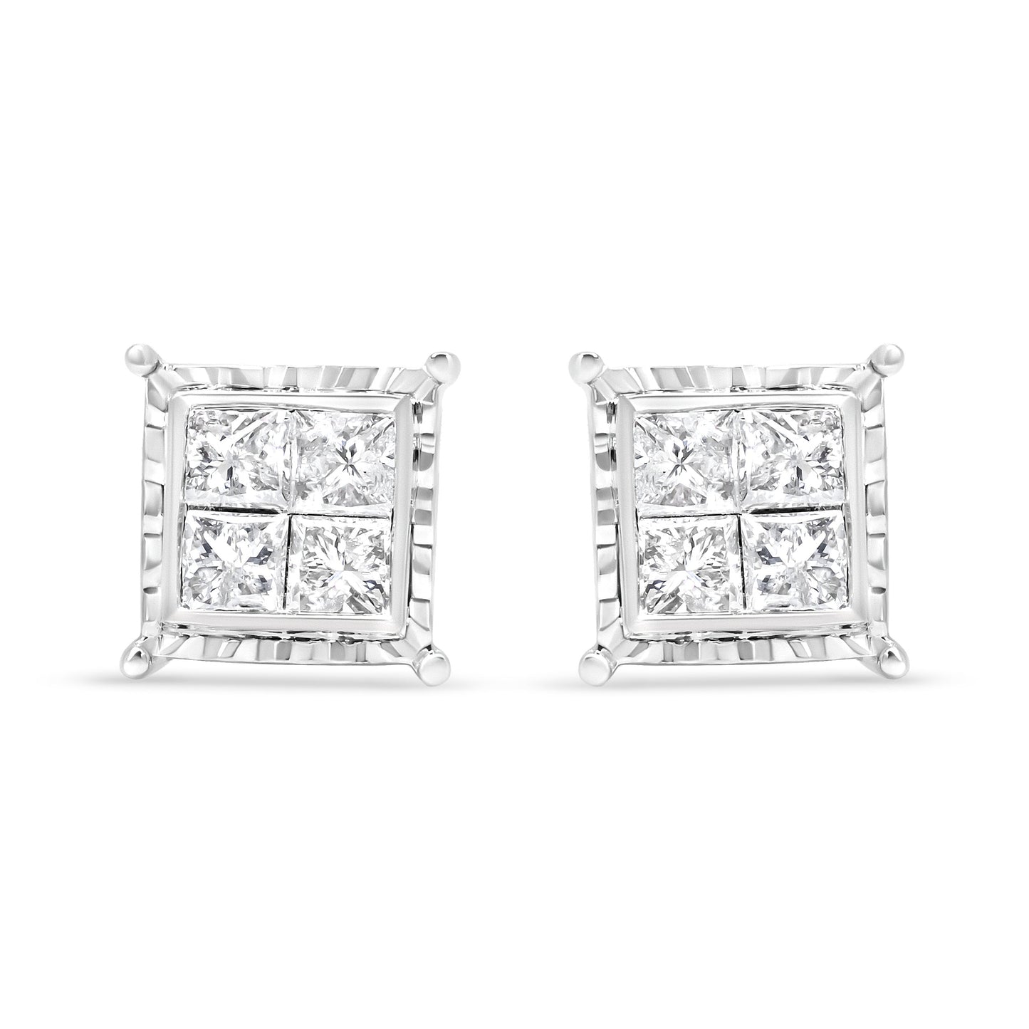 14K White Gold 1 1/2 Cttw Invisible Set Princess-Cut Diamond Contemporary Wavy Quad Stud Earrings (I-J Color, I1-I2 Clarity) Bids.com