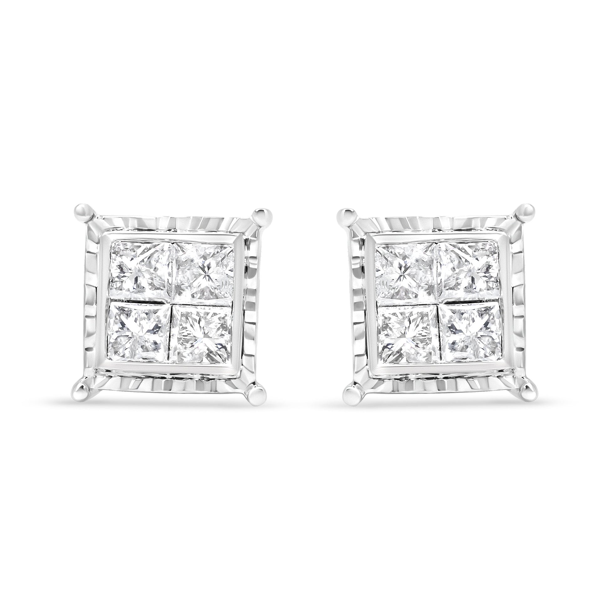 14K White Gold 1 1/2 Cttw Invisible Set Princess-Cut Diamond Contemporary Wavy Quad Stud Earrings (I-J Color, I1-I2 Clarity) Bids.com