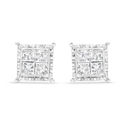 14K White Gold 1 1/2 Cttw Invisible Set Princess-Cut Diamond Contemporary Wavy Quad Stud Earrings (I-J Color, I1-I2 Clarity) Bids.com