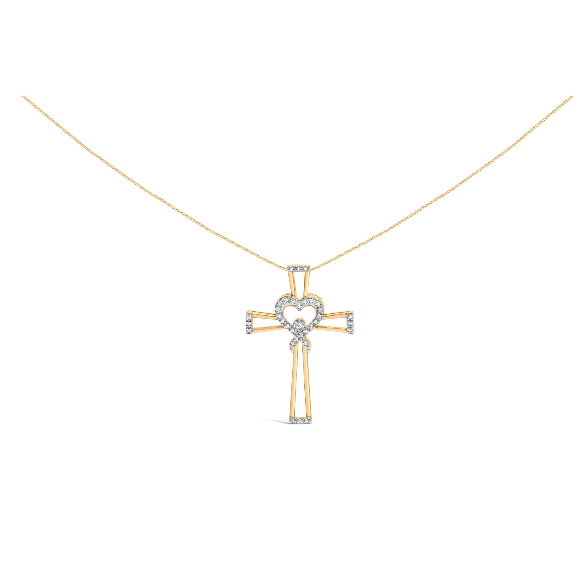 14K Yellow Gold Plated .925 Sterling Silver 1/6 Cttw Diamond Interlocking Heart and Ribbon Cross Pendant Necklace (H-I Color, I2-I3 Clarity) - 18" Inches Bids.com