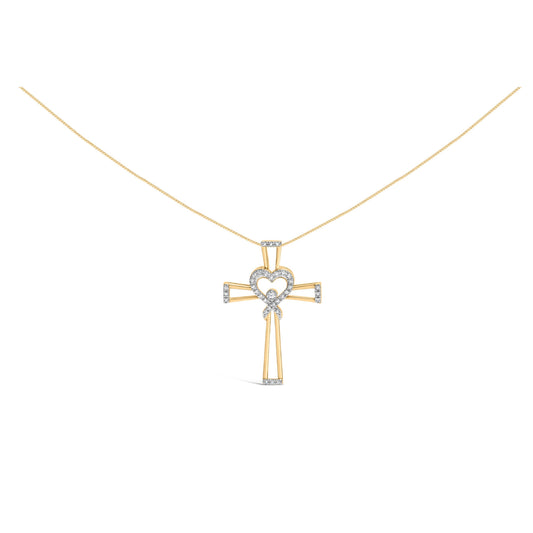 14K Yellow Gold Plated .925 Sterling Silver 1/6 Cttw Diamond Interlocking Heart and Ribbon Cross Pendant Necklace (H-I Color, I2-I3 Clarity) - 18" Inches Bids.com